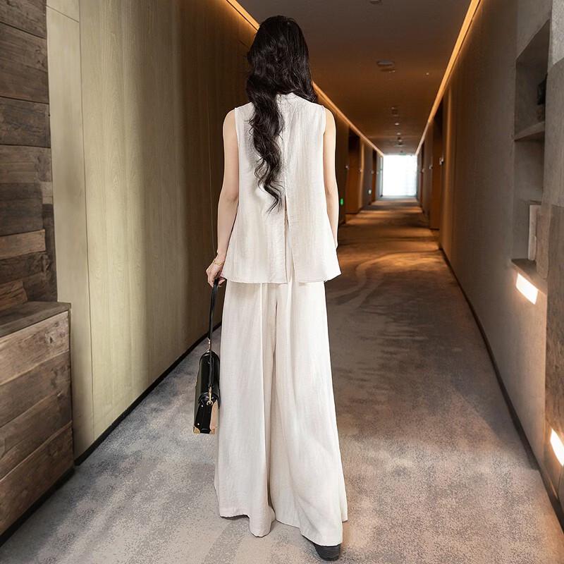 Женский комплект из смешанного льна: свободный топ и брюки клеш