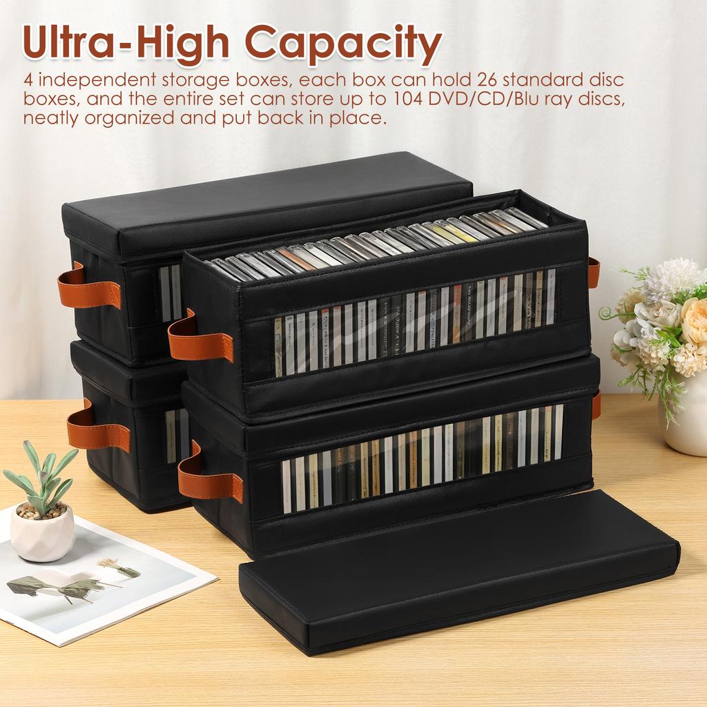 4Pcs DVD Storage Box Non Woven CD Container Box with Visible Window Lid and Handle Books Stationery Video Game Disk Organizer