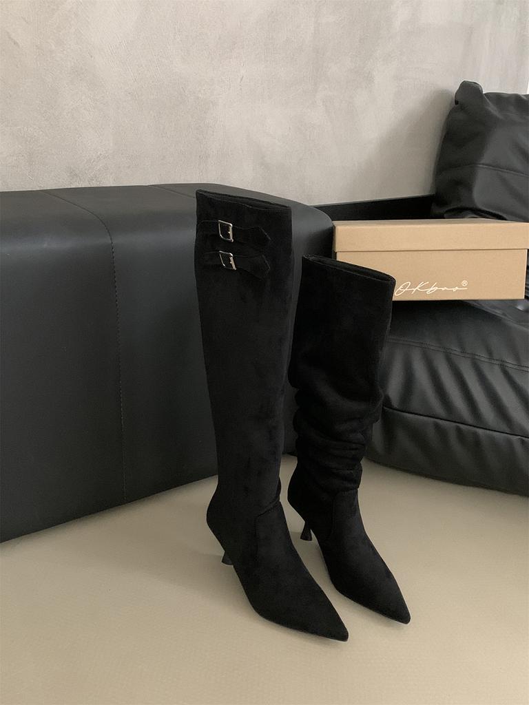 Мода остроносые женские ботинки челси высокие сапоги до колена замшевые зимние туфли-лодочки для вечеринок сапоги на тонком каблуке модные туфли для женщин