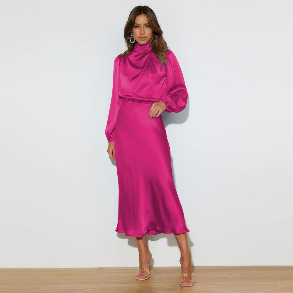 Женское весеннее вечернее платье с длинным рукавом-фонариком, элегантное длинное платье трапециевидной формы с бретелькой на шее и высокой талией, сплошной цвет