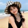 Fisherman hat women's summer black and white grid big eaves show face small sunscreen hat fashionable breathable adjustable sun hat