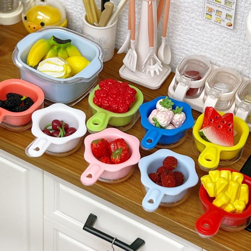 4Pcs Miniature Dollhouse Kitchen Accessory Set Realistic Tiny Fruit Vegetable Washing Basket Basin for DIY Doll House Scene Decor