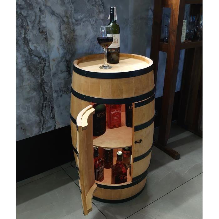 Casier à Vin LED - Creative Cooper - Tonneau En Bois avec des portes, Meuble Rangement Bouteille Alcool, 80x50 cm, Chêne