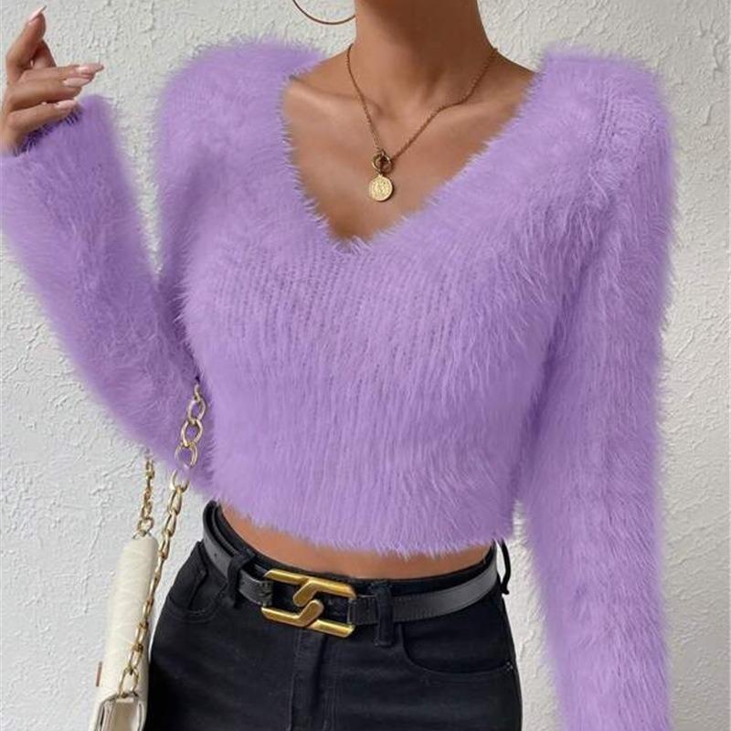 Women‘s Stylish Solid Short Plush Sweater Fall Winter Soft Comfortable Warm Simple Sweater for Lady V-neck Long Sleeve Slim Short Sweater
