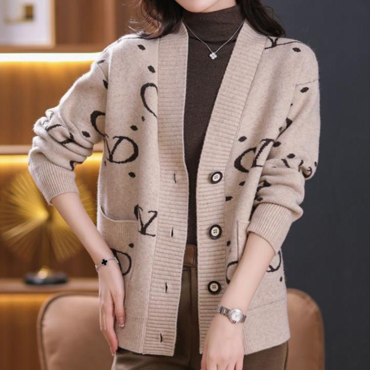 Women's Knitted Cardigan Sweater Autumn and Winter Thickened Plus Size Knitted Cardigan Loose Letter Print Knitted Jacket Outwear