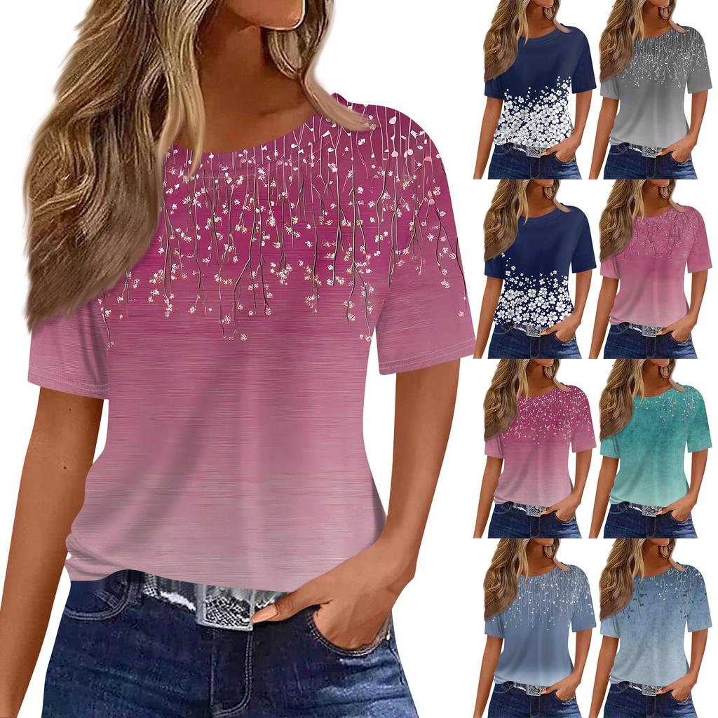 Women's Fashionable Casual Short Sleeve Print Round Neck Pullover Top