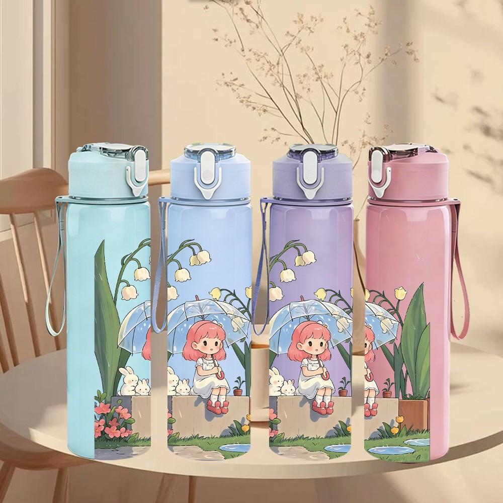 1PC Little Girl Garden Flower Scene Print 750ml Color Plastic Sports Water Bottle Leakproof Flip Straw Lid Suitable for Sports Office Home Use
