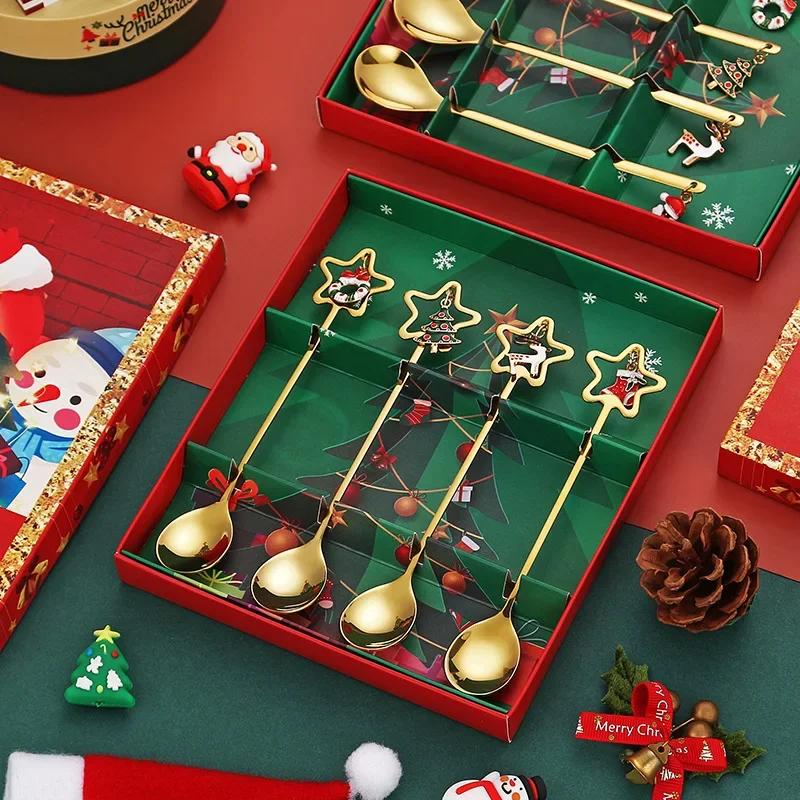 4PCS Christmas Stainless Steel Spoon Christmas Coffee Spoons Set Gold Home Restaurant Dessert Cutlery Set,Pendant for Xmas Party