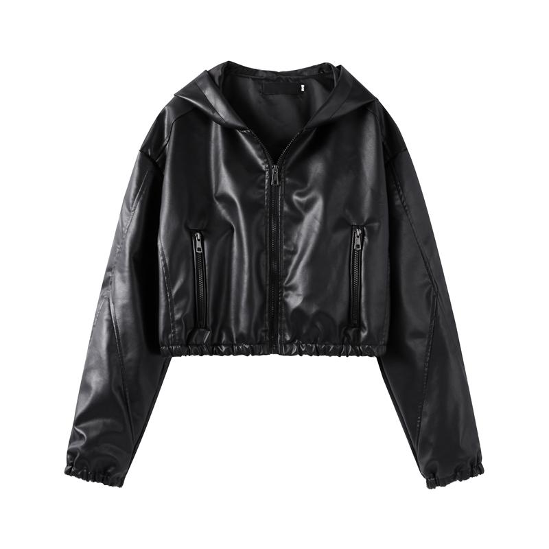 Vintage Faux Leather Zipper Crop Jackets Women Full Sleeve Pockets Hoodie Coat Autumn Hipster High Street Outwear