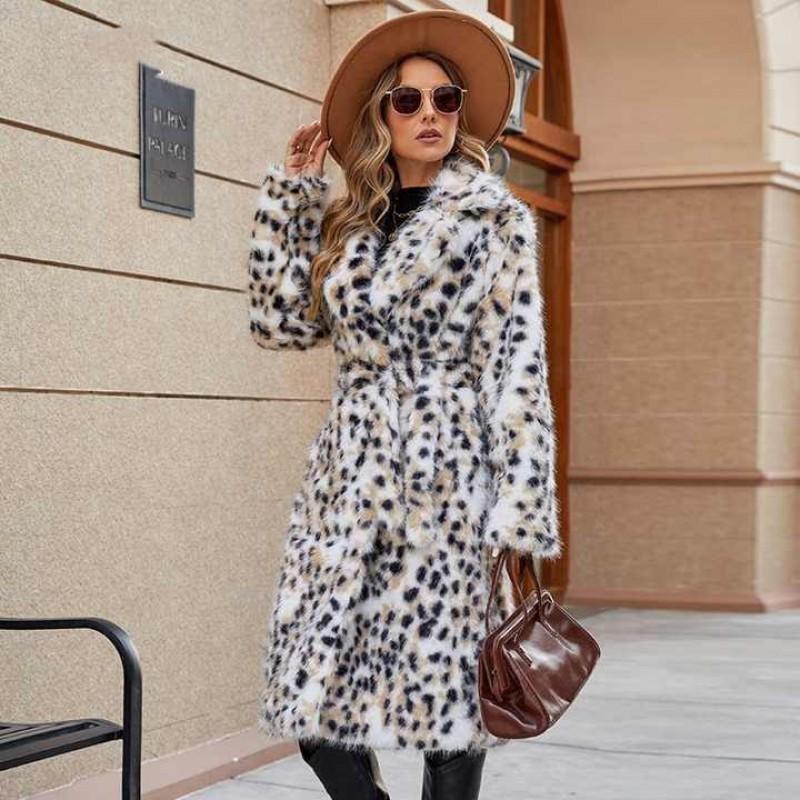 Womens Faux Fur Coat Leopard Print Blazer Collar Long Streetwear Jacket