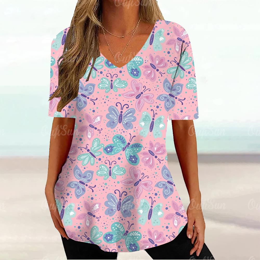 Summer V-neck 3D Floral Printed Top Fashionable Casual Short Sleeved Women's T-shirts