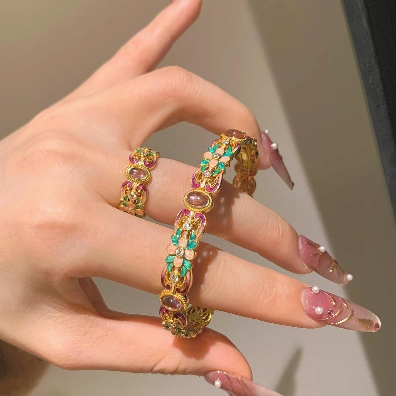 Китайская Эмаль Капля Клея Цвет Фиолетовый Халцедон Цветок Кольцо Браслет С Бриллиантовой Вставкой Многогранный Универсальный Темперамент Гочао Ручные Украшения