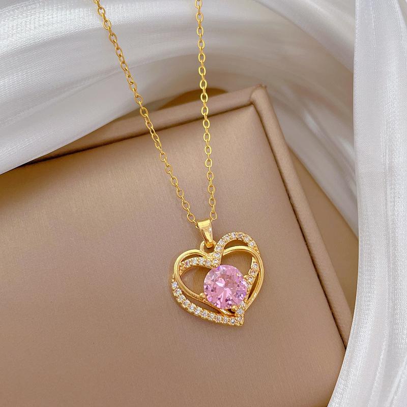 Розовое Двухслойное Любовь Полностью Алмазная Легкая Роскошь Темперамент Великолепное Полностью Алмазное Ожерелье Женская Универсальная Цепочка на Ключицы Титановая Сталь