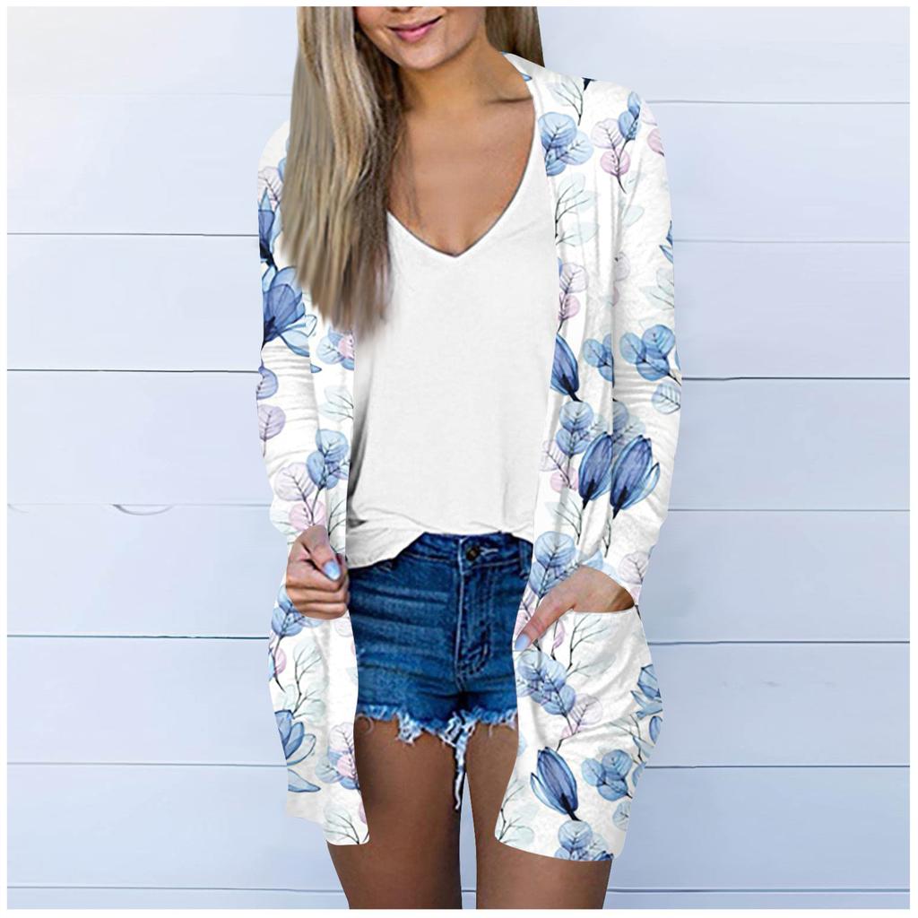 Женская модная свободная повседневная куртка-кардиган средней длины с длинными рукавами и принтом, топ