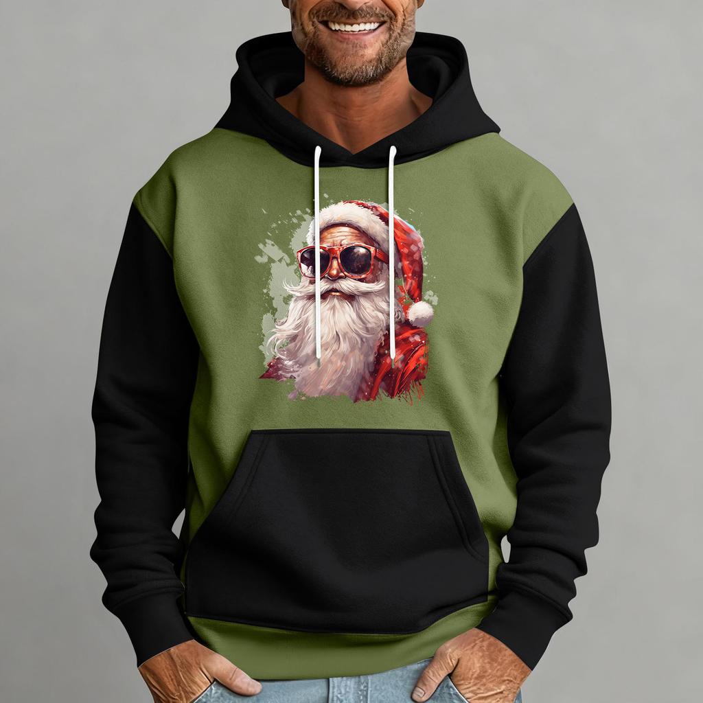 Мужской рождественский свитшот с капюшоном, повседневный, спортивный, удобный, с цветными блоками и принтом