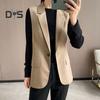 Women Business Vest Turn-down Collar Single Button Closure Sleeveless Mid Length Formal Office Attire Solid Color Cardigan Waistcoat Workplace Outfit