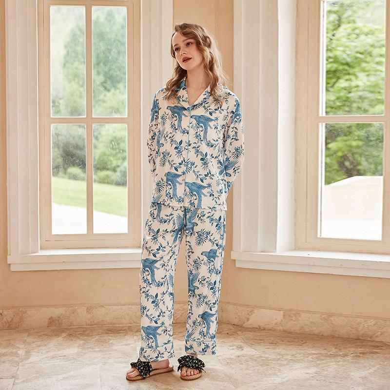 Womens Lightweight Silk-Like Pajama Set Long Sleeve Open Front Top Pants Home Wear
