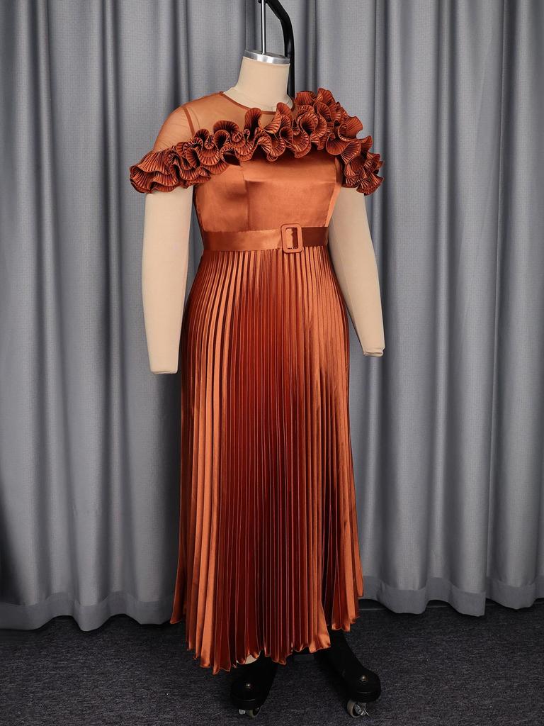 Женское платье большого размера с оборками по подолу, сетчатой вставкой и плиссированной юбкой с акцентом на талии - Элегантное высококлассное вечернее платье