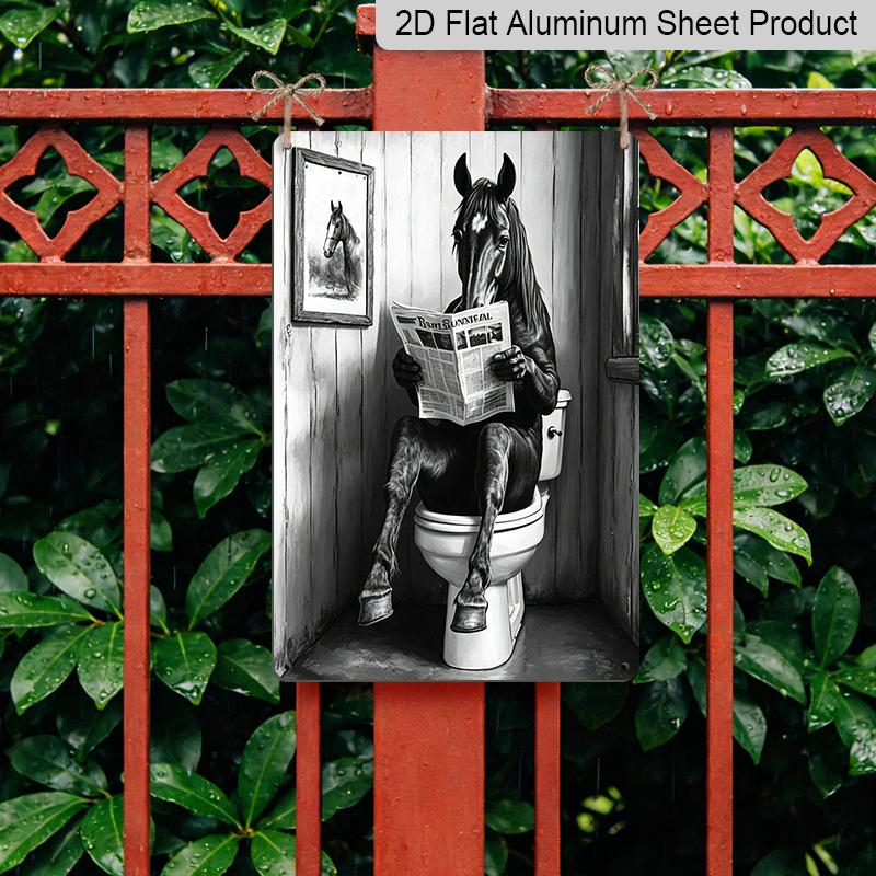 2D Flat 8×12 Inch Funny Horse Reading Newspaper on Toilet Metal Sign - Whimsical Black and White Bathroom Wall Decor, Aluminum Hanging for Restroom