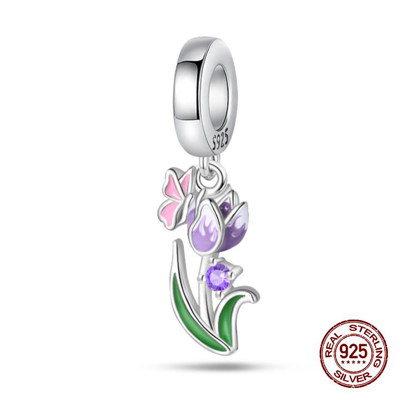 925 Sterling Silver Butterfly Tulip Iris Flower Charms Beads Fit 925 Original Bracelets Fine DIY Valentine Jewelry Gifts
