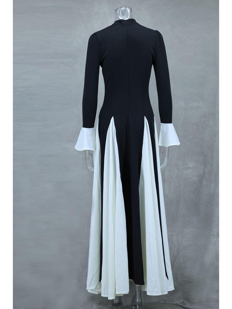 Осень/Зима 2024 Евро-американское черно-белое платье-свинг с длинным рукавом и оборками LX0105