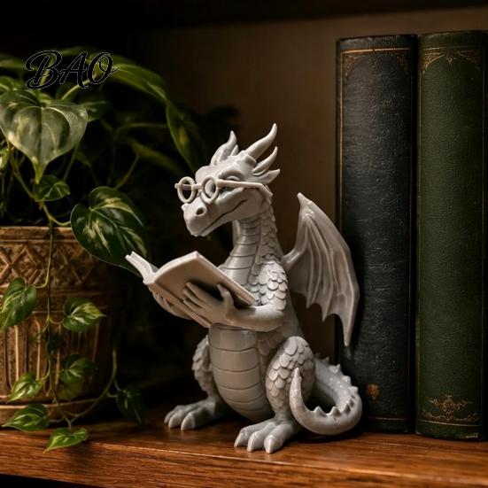 Whimsical Desk Accessory Reading Dragon Figurine with Glasses, Statue, 3D Printed Bookend Decor Bookshelf Decor, Desktop Ornament, Gift for