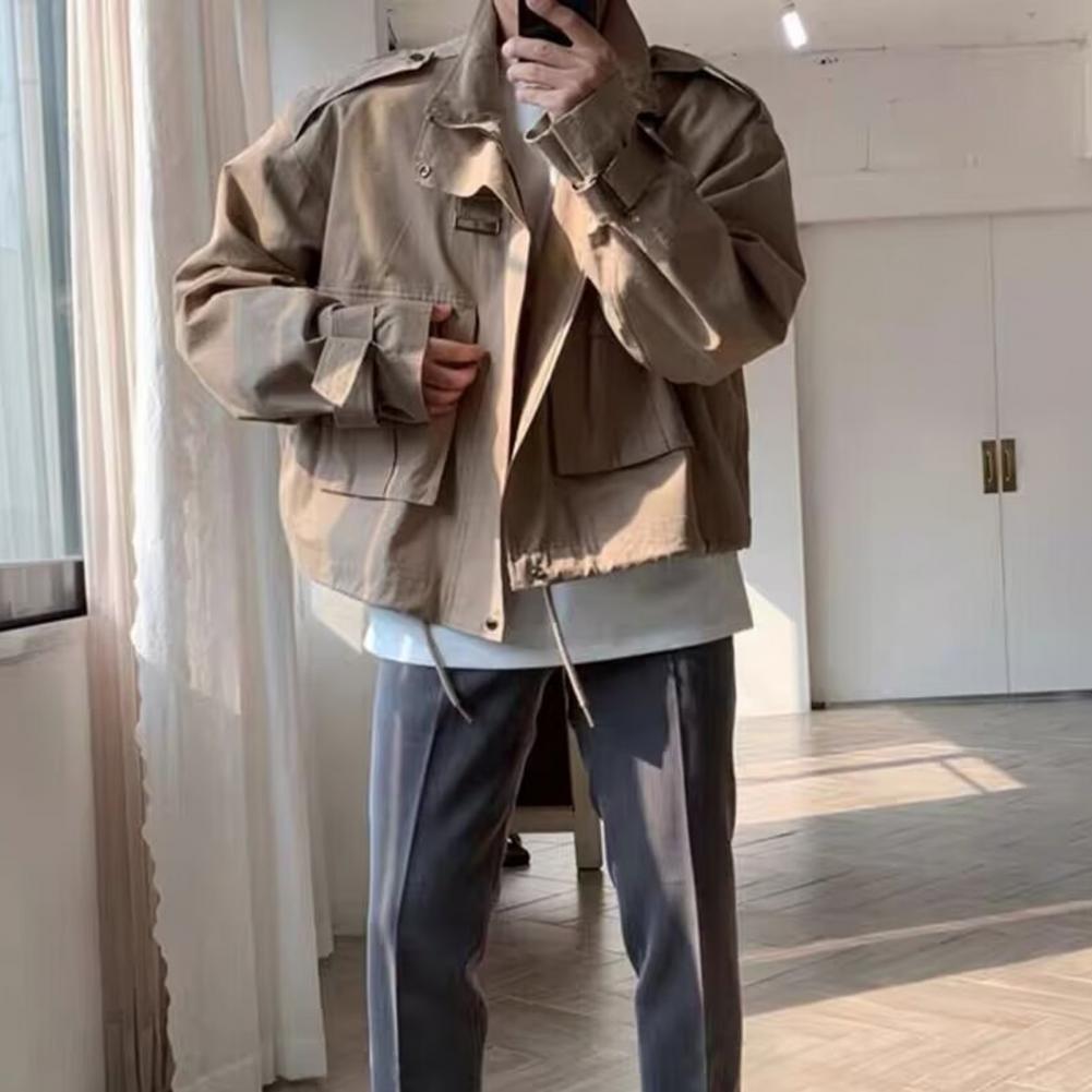 Men Windbreaker Lapel Long Sleeve Solid Color Jacket Zipper Placket Large Pockets Drawstring Hem Casual Outwear