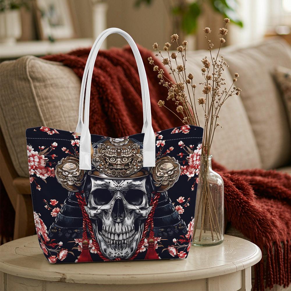 Japanese Samurai Skull Print Tote Bag Casual Large Capacity Shoulder Handbag for Daily Use