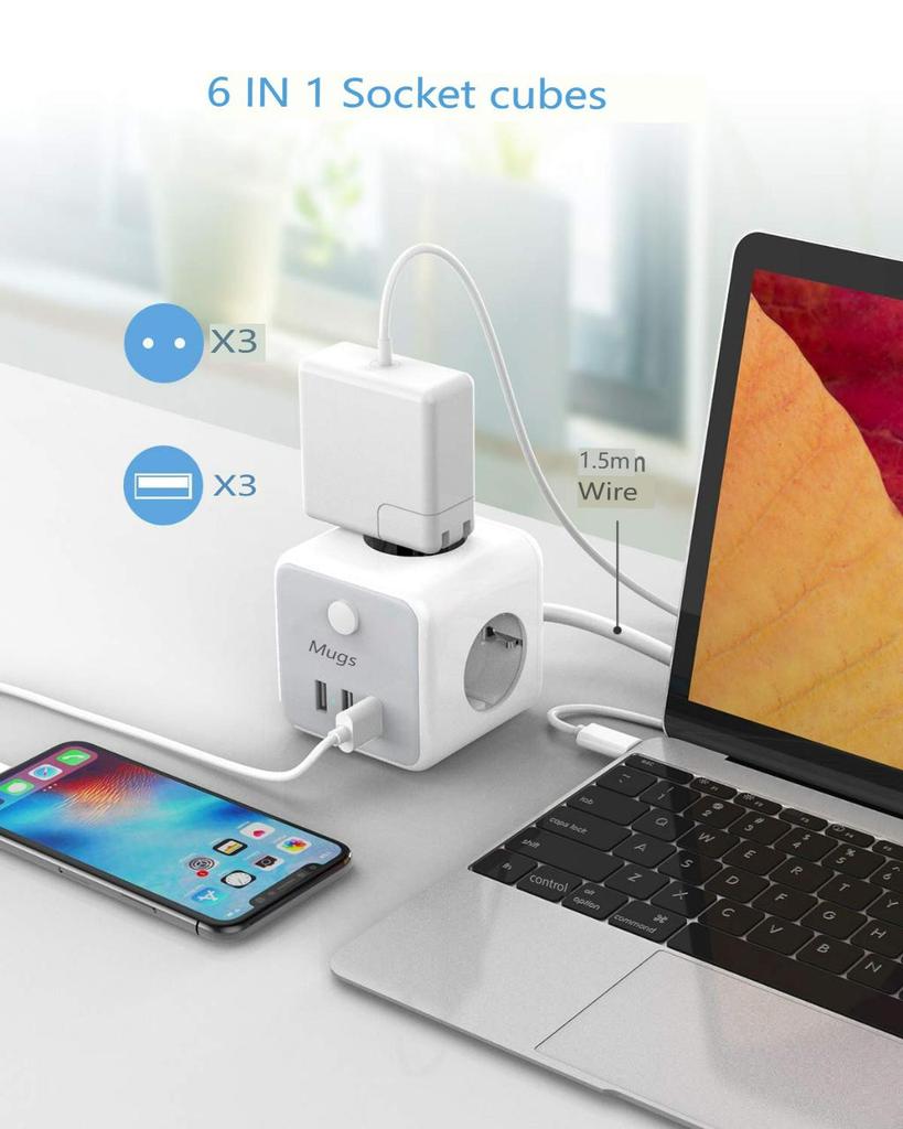 Tessan Power Strip European Multi Plug Cube Socket with Switch 6 Outlets 3 USB Charging Ports 2M Extension Cable for Home