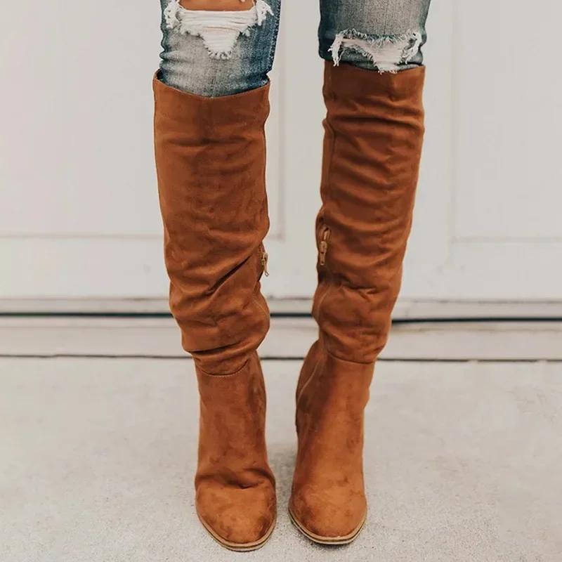 Fashion 2024 Women Knee-High Boots Sexy High Heels Solid Color Women Shoes Zip Winter Warm Flock Fashion Pointed Toe Rome Females Boots