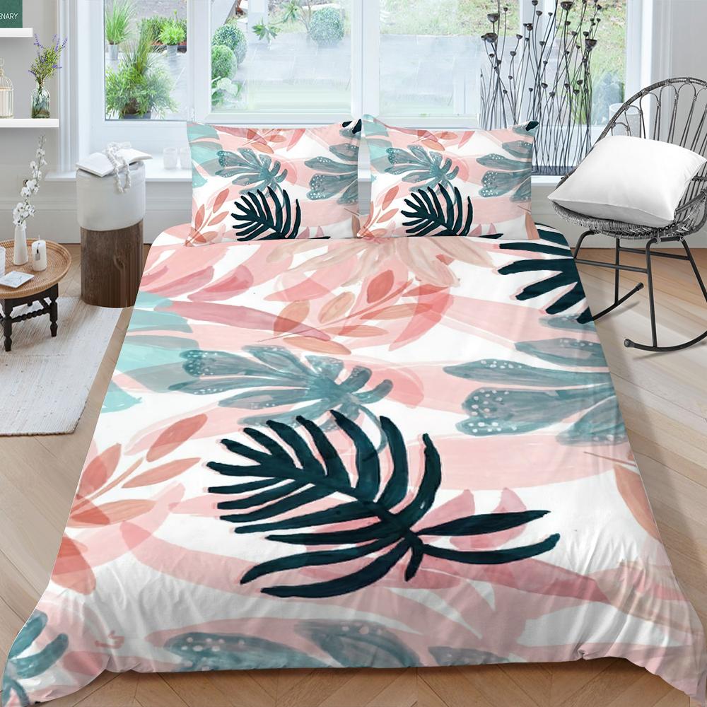 Family Bedding Single Double Bed Full Size Plant Printing Series Bedding Leaf Pattern Pillowcase and Quilt Cover Washable Home Decoration