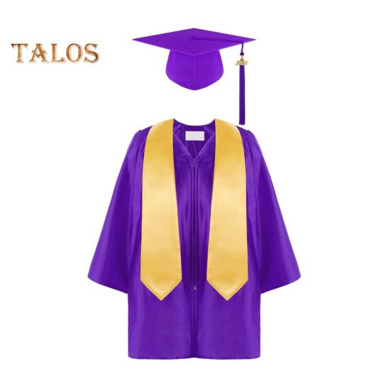 3 шт./комплект, детская выпускная форма для детского сада с кисточкой, шапочкой и шалью, V-образным вырезом, длиной до икры, длинными рукавами, застежкой-молнией, начальный выпускной халат