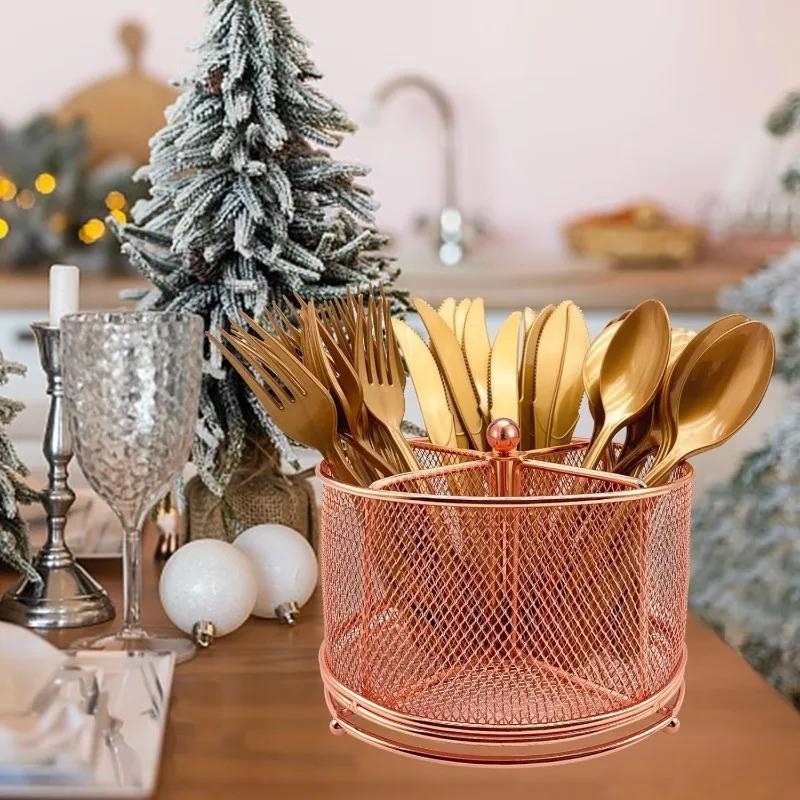 Compartment Silverware Cutlery Holder 360 Rotating Metal Utensil Fork Spoon Napkin Organizer Flatware StorageRose Gold Pink
