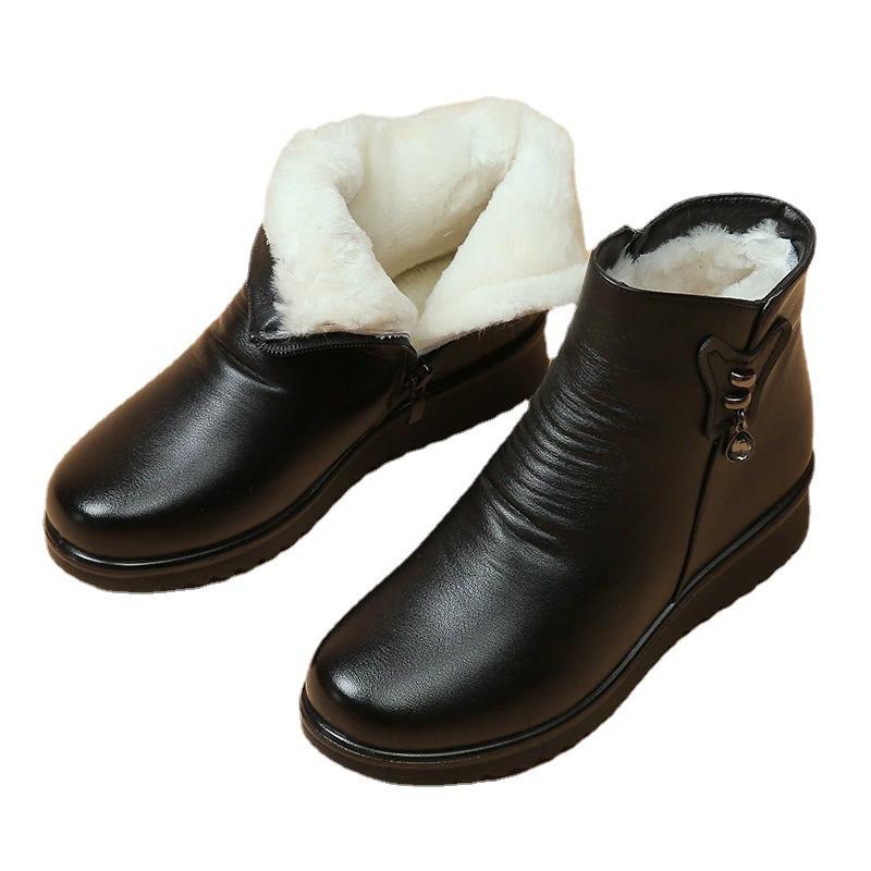Autumn Winter Pu Leather Boots Winter Flat-bottomed Short Boots Women's Warm Cotton Shoes Soft-soled Non-slip Thickened Plus Velvet Women's Shoes