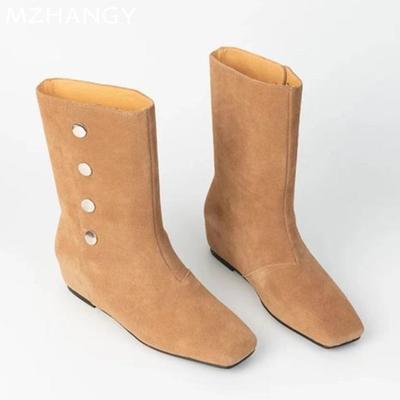 Женские ботильоны с квадратным носком, замшевые туфли на плоской подошве, женские модные зимние ботинки челси 2025 года, новые прогулочные мотоциклетные ботинки Mujer