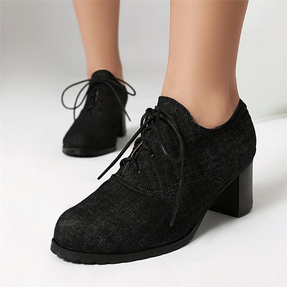 Мода Винтаж Деним Женские Туфли-Лодочки на Шнуровке Квадратный Каблук Круглый Носок Высокий Каблук Британский Стиль Оксфорды Осень Низкий Верх Студенческая Обувь Синие Ботинки