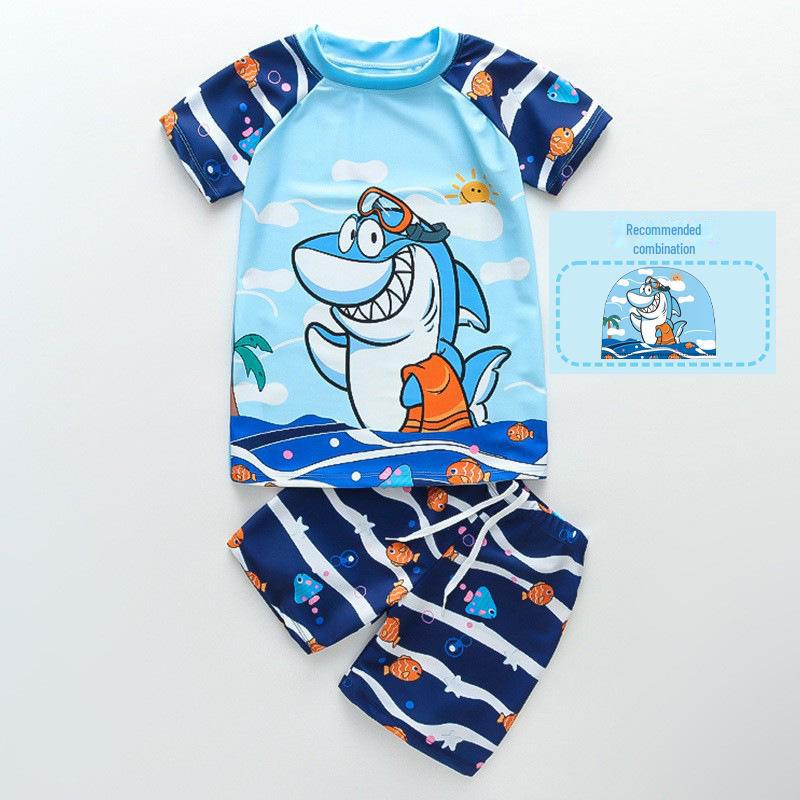Комплект детского синего купальника с мультяшным акуленком, защитой от УФ-лучей и шапочкой для плавания