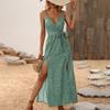 Popular Summer New V-neck Suspender Floral Lace-up Dress Women's Long Dress