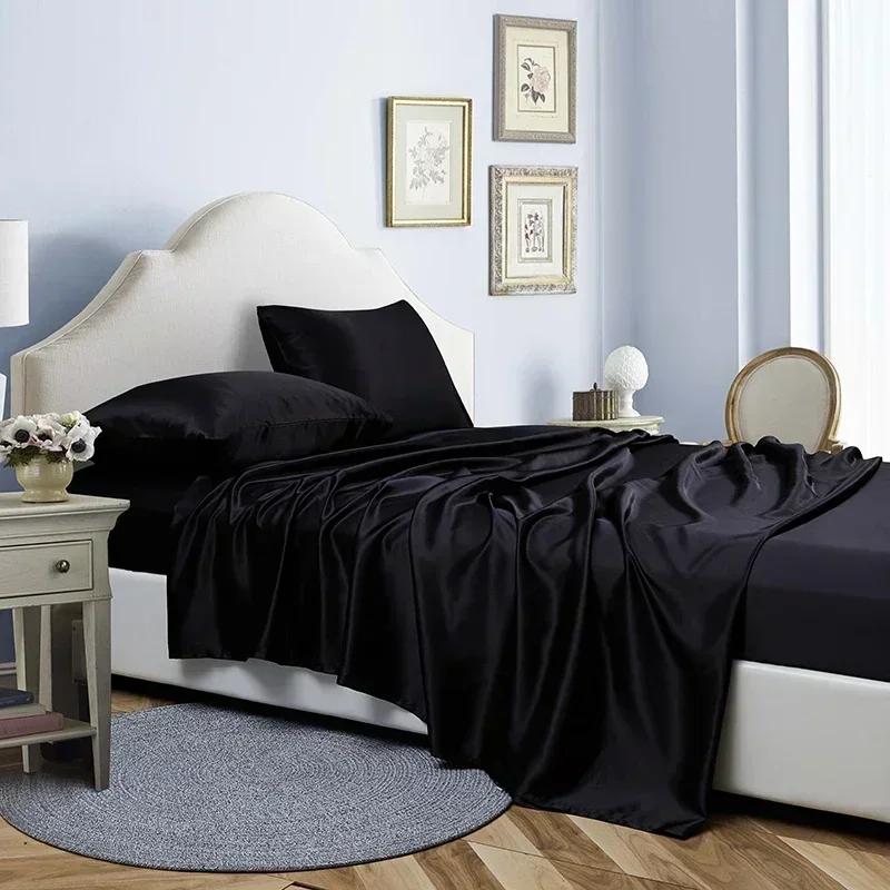 Luxury Satin Fabric Queen Size Bed Sheets Set King High Quality Fitted Sheet Flat Sheet Pillowcase Solid Bed Set Bedsheet Sets