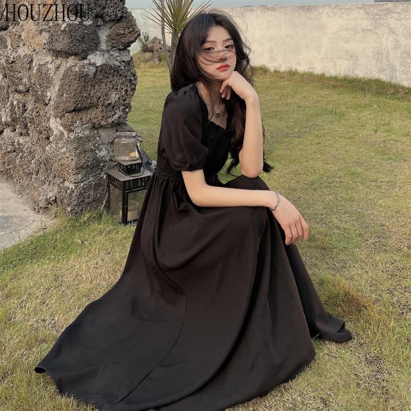 HOUZHOU черное платье с короткими рукавами, женское милое кавайное летнее корейское элегантное платье миди с высокой талией и квадратным воротником