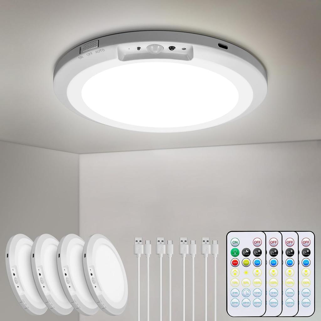 Rechargeable Ceiling Light with Remote, 10000mAh, 1 Pack | Battery Operated Shower Light, Motion Sensor Closet Light, 5 Timer 3 Modes 3 Color 10
