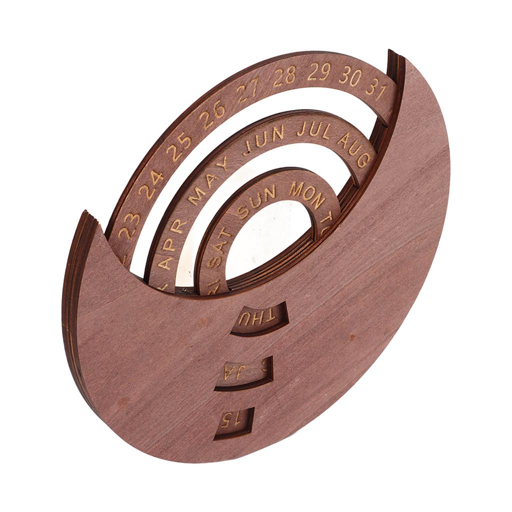 Wooden Disc Calendar Dark Brown Rotatable Disc Natural Wood Vintage Style Wooden Perpetual Calendar