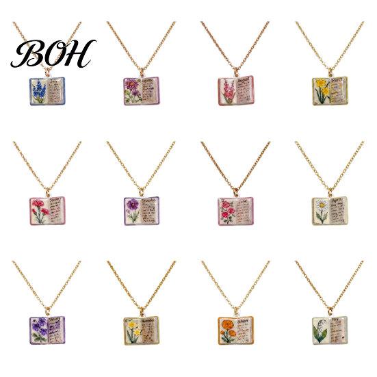 Minimalist Book Pendant Women Birth Flower Necklace, Floral January to Everyday Wear Necklace December Month Gift for Wife Girlfriend Unique