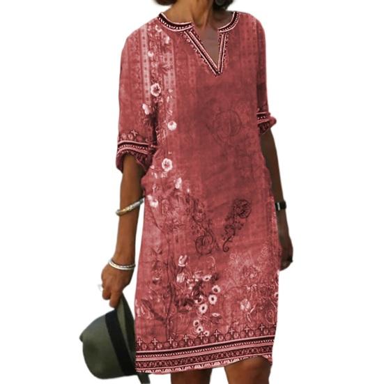 Женское платье в этническом стиле с v-образным вырезом длиной до колена, приятное на ощупь, свободное облегающее декоративное платье из полиэстера, весна-лето, женское непринужденное платье трапециевидной формы для женщин