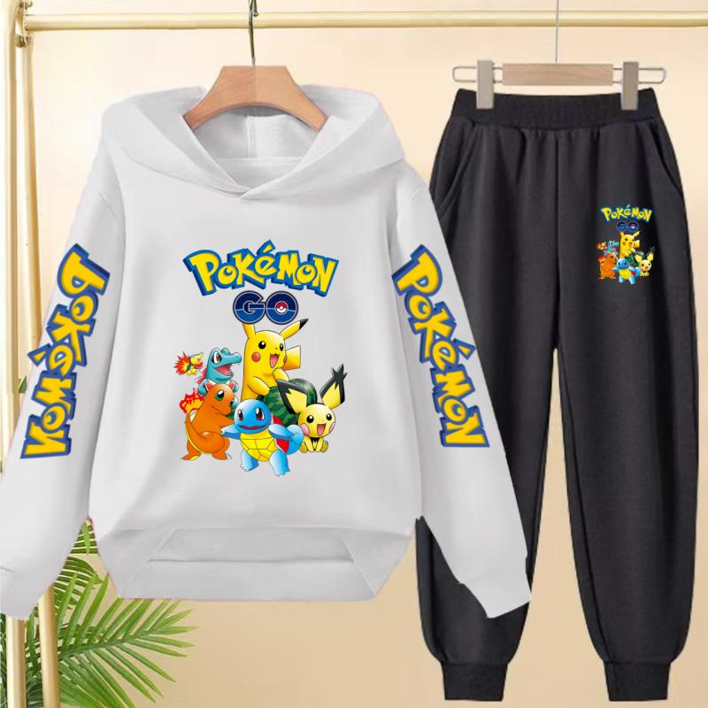 Pikachu Two-piece Clothing Children Girls Sweatshirt+Pants Casual Tracksuits Boys Pokemon Hoodie Kawaii Pullover Sports Coat Set
