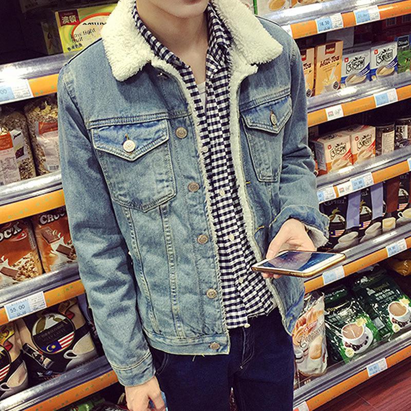 Мужская зимняя джинсовая куртка в стиле ретро с меховым воротником и подкладкой из овечьей шерсти