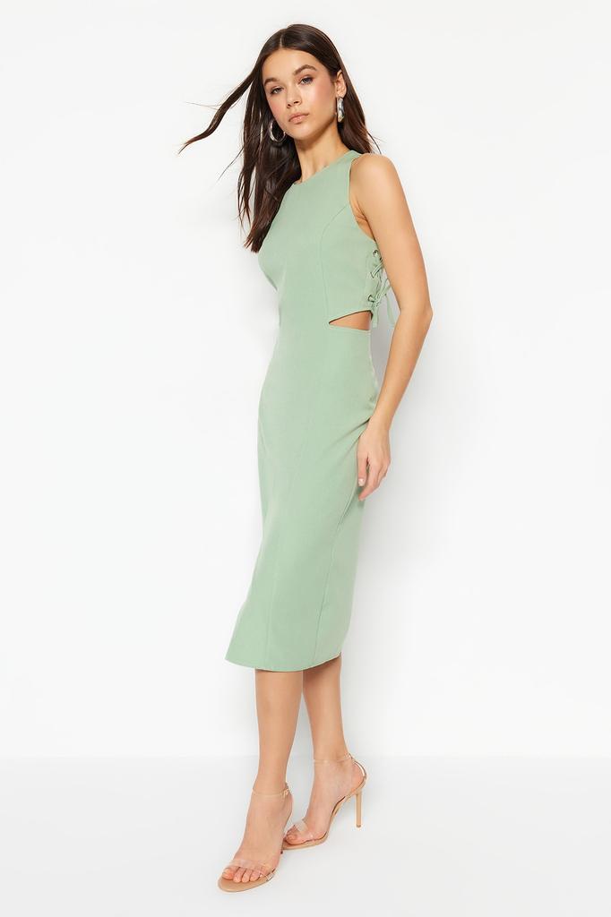 Women's Fashion New Dress Black Fitted Cut Out Detailed Sleeveless Midi Woven Dress