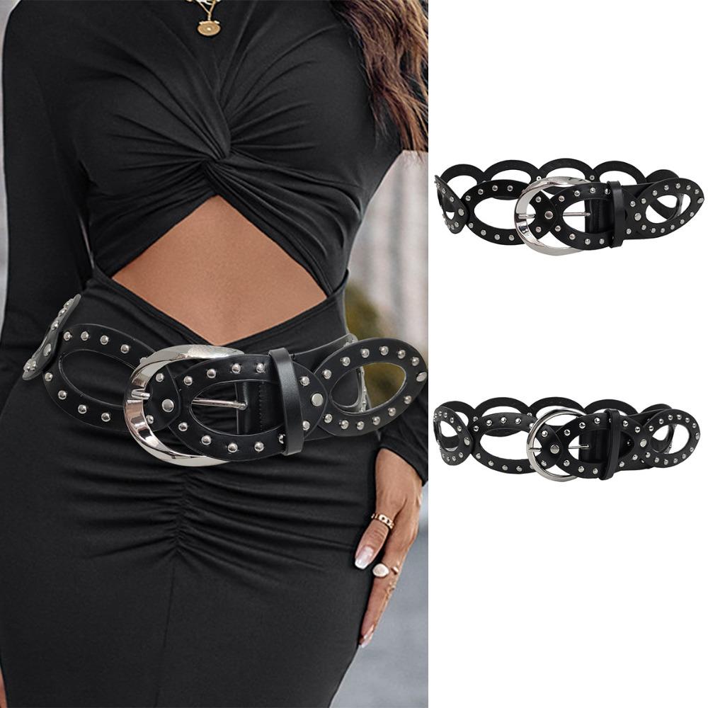 Adjustable Cowgirl Waist Belt Hollow Out Rivet Waist Belt PU Leather Waistbands Dress Decoration