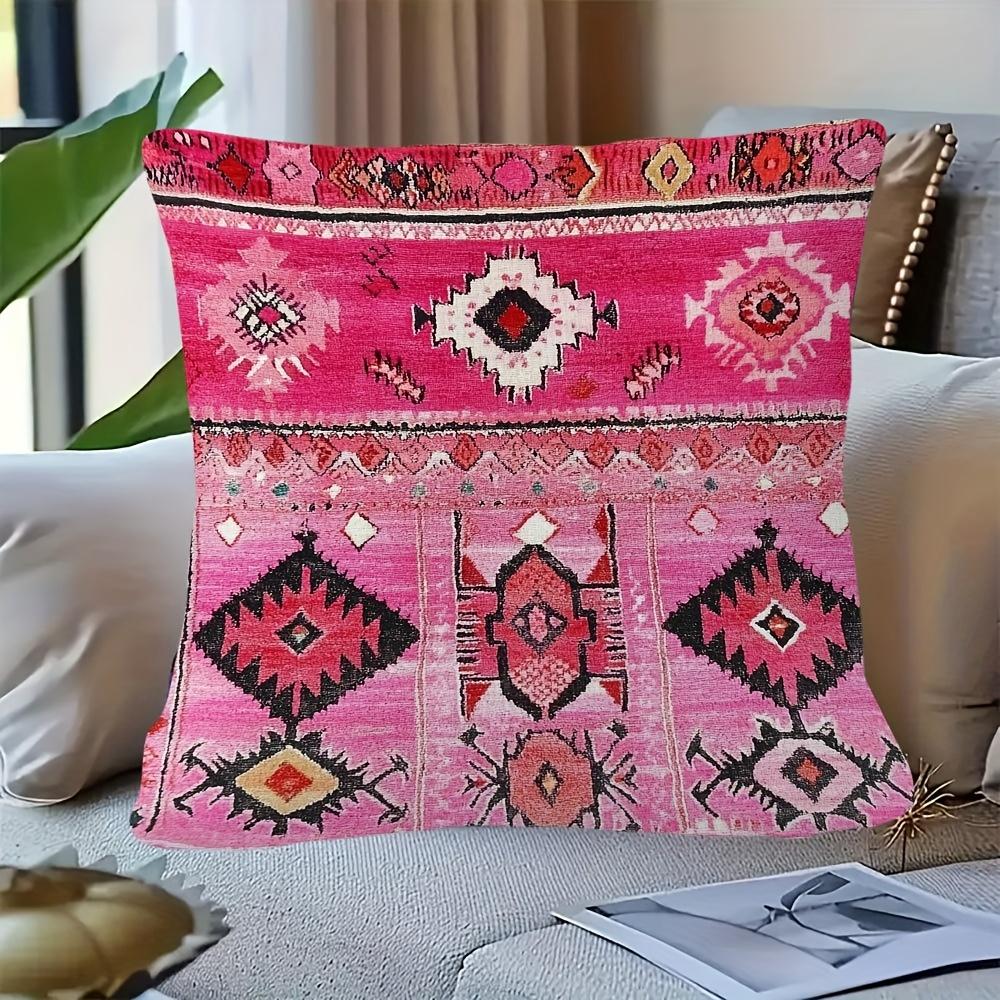 Boho Moroccan Pillow Cover Vintage Hot Pink Geometric Pattern Soft Throw Pillow Case For Ethnic Bohemian Home Sofa Decor Gift