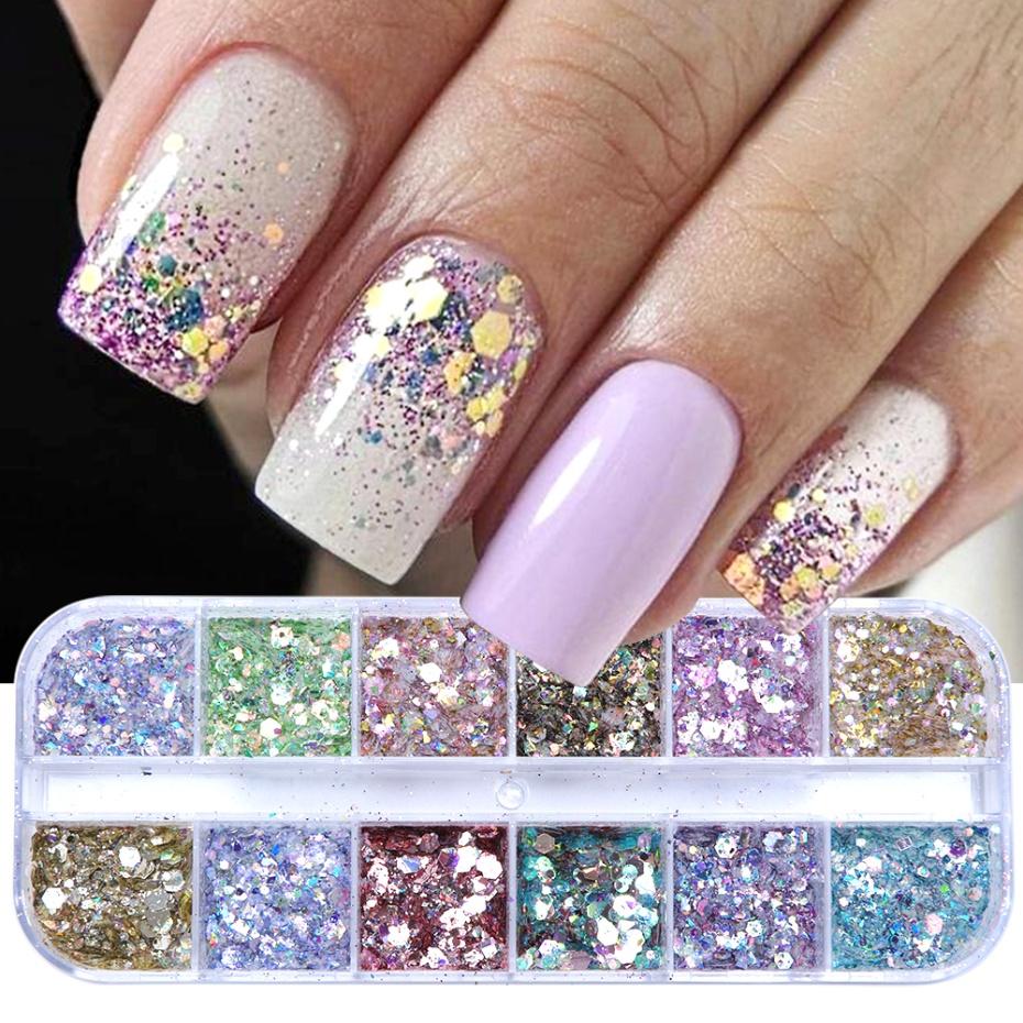 12 Grid/box Mixed Size Hexagon Nail Glitter Sequins Shiny Flakes Nail Art Decoration